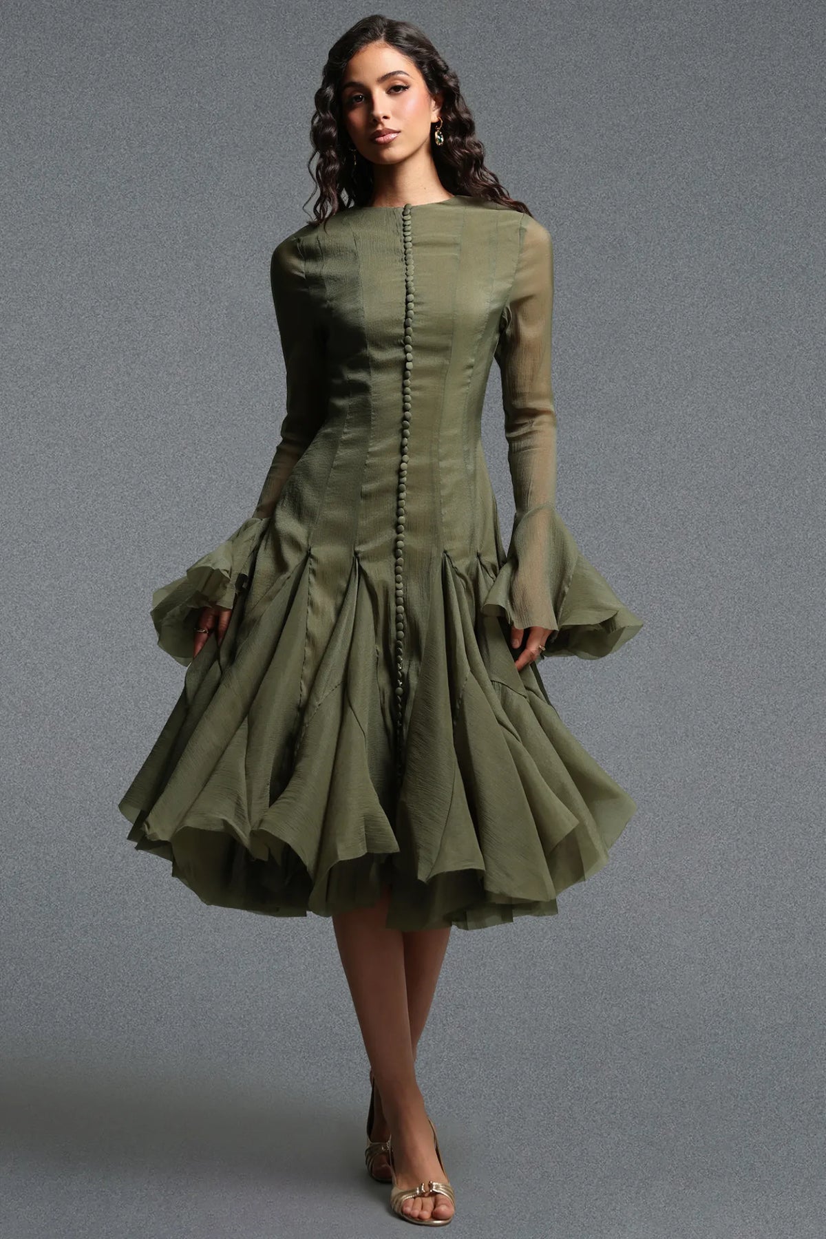 Button-Front Bell-Sleeve Flared Dress - Moss Green