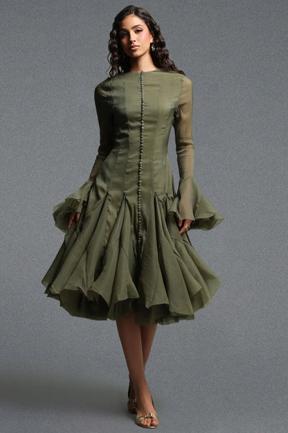 Button-Front Bell-Sleeve Flared Dress - Moss Green