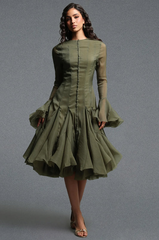 Button-Front Bell-Sleeve Flared Dress - Moss Green