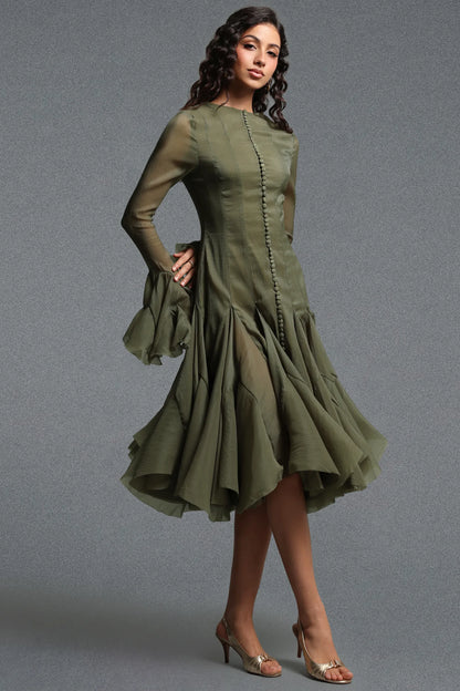 Button-Front Bell-Sleeve Flared Dress - Moss Green