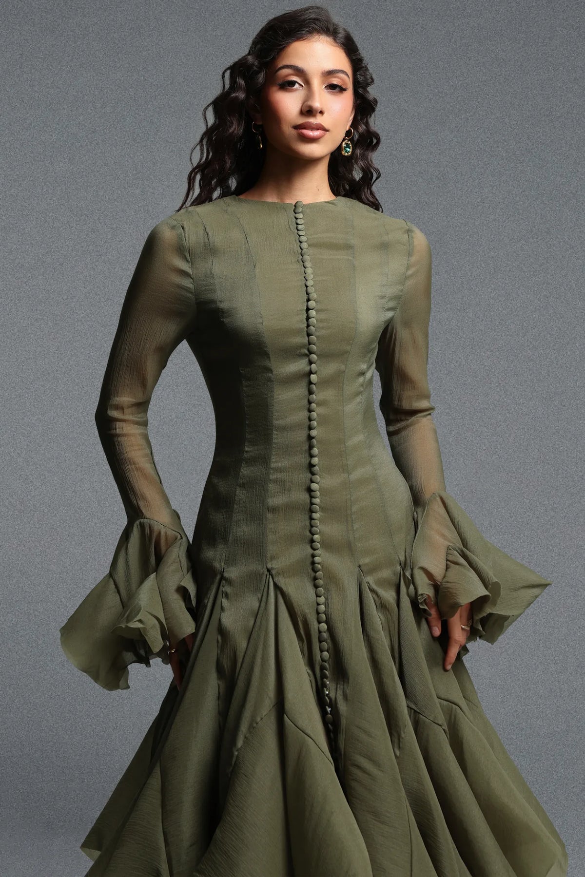 Button-Front Bell-Sleeve Flared Dress - Moss Green
