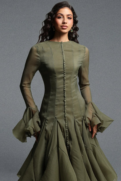 Button-Front Bell-Sleeve Flared Dress - Moss Green