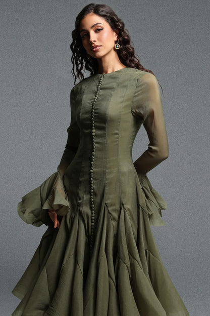 Button-Front Bell-Sleeve Flared Dress - Moss Green