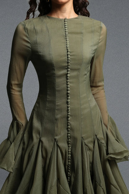 Button-Front Bell-Sleeve Flared Dress - Moss Green