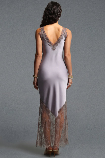 Lace-Trimmed Satin Chevron Slip Gown - Lavender Grey