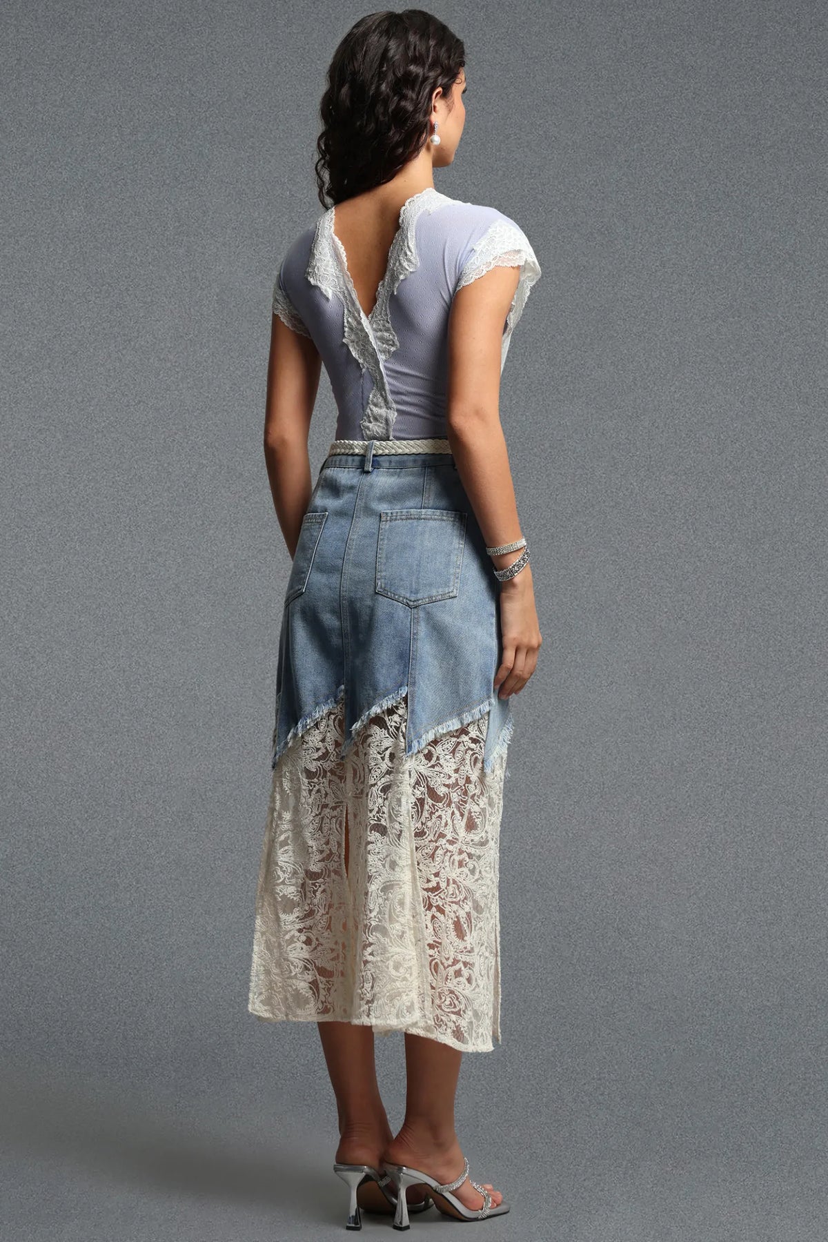 Draped Lace & Denim Mermaid Skirt Ensemble - Washed Blue & White