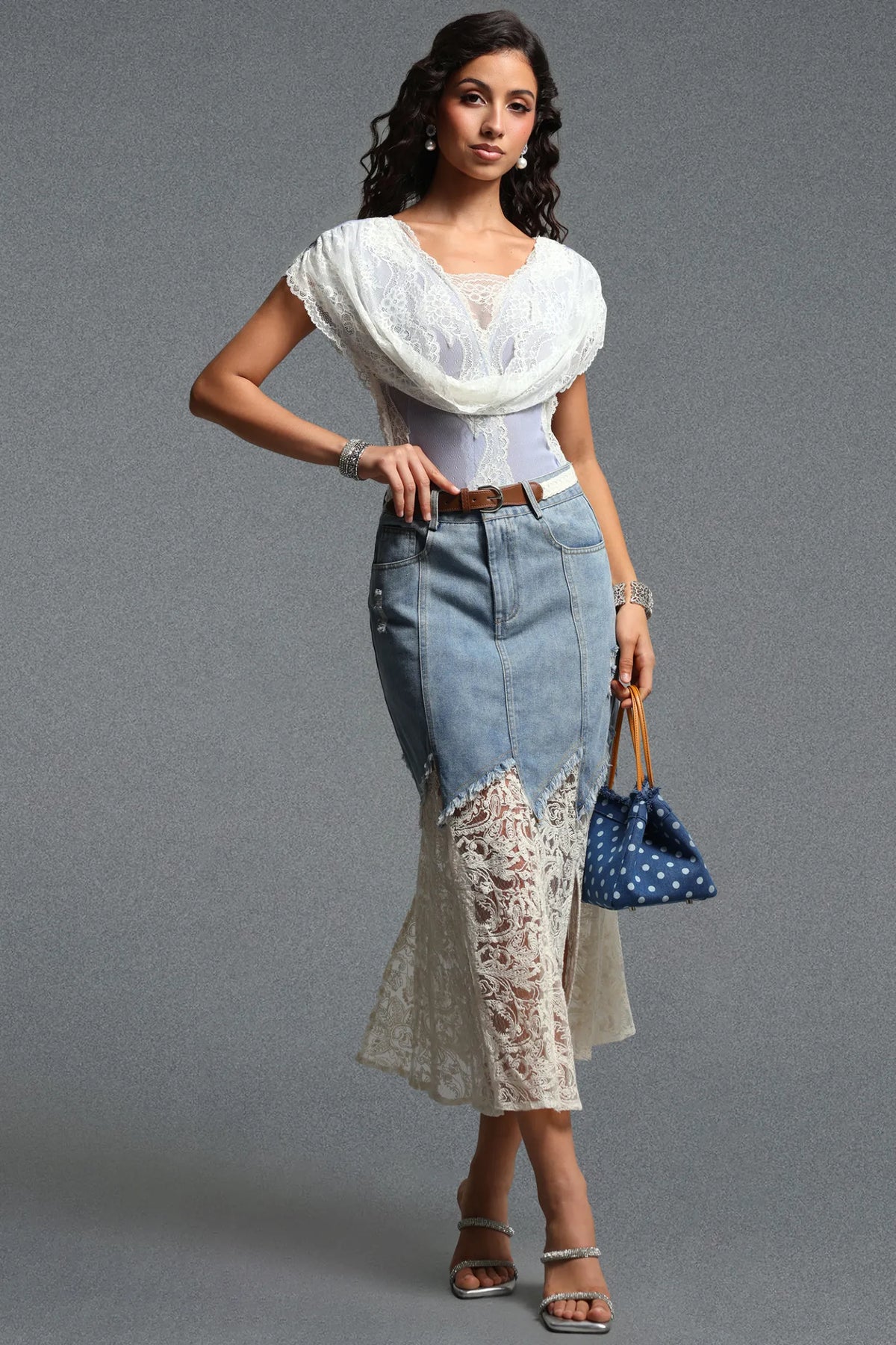 Draped Lace & Denim Mermaid Skirt Ensemble - Washed Blue & White