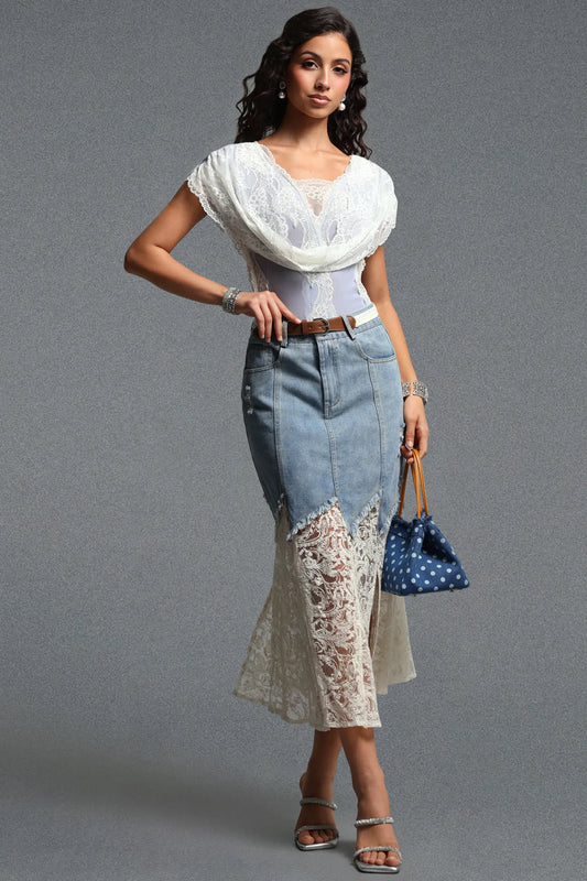 Draped Lace & Denim Mermaid Skirt Ensemble - Washed Blue & White