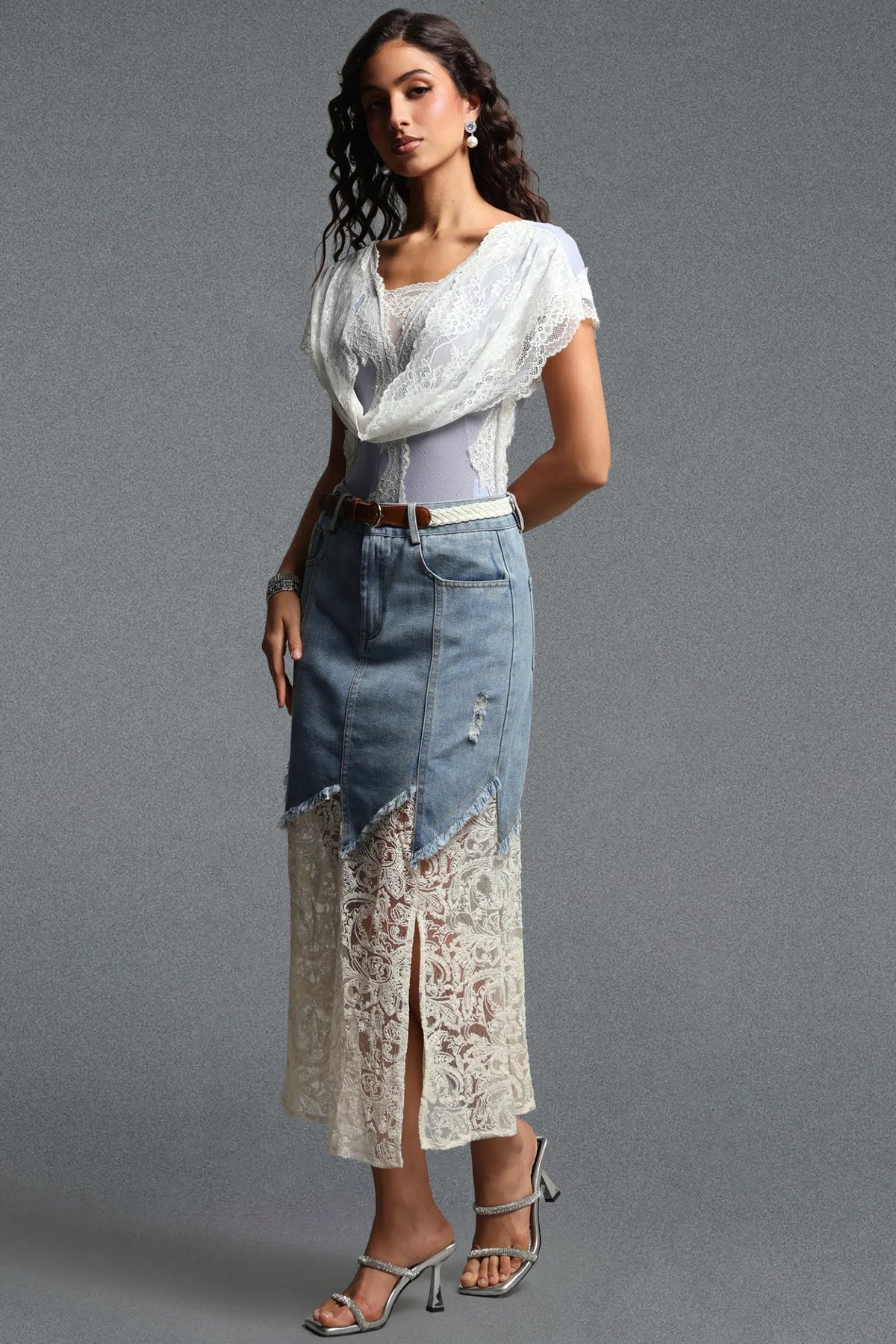Draped Lace & Denim Mermaid Skirt Ensemble - Washed Blue & White