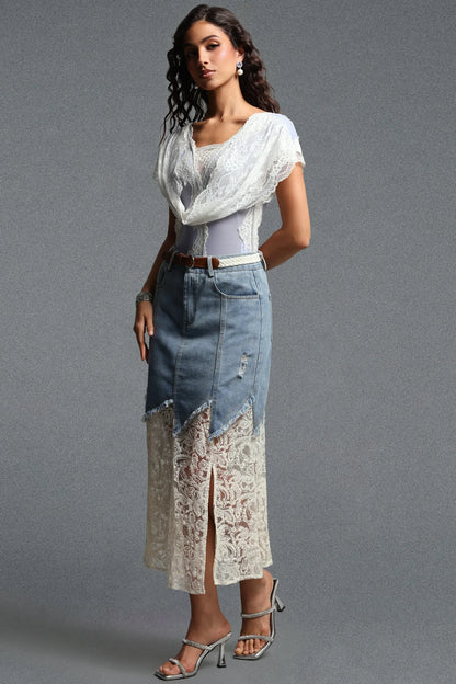 Draped Lace & Denim Mermaid Skirt Ensemble - Washed Blue & White