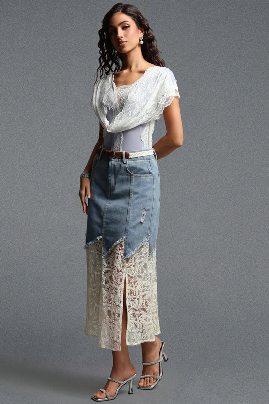 Draped Lace & Denim Mermaid Skirt Ensemble - Washed Blue & White