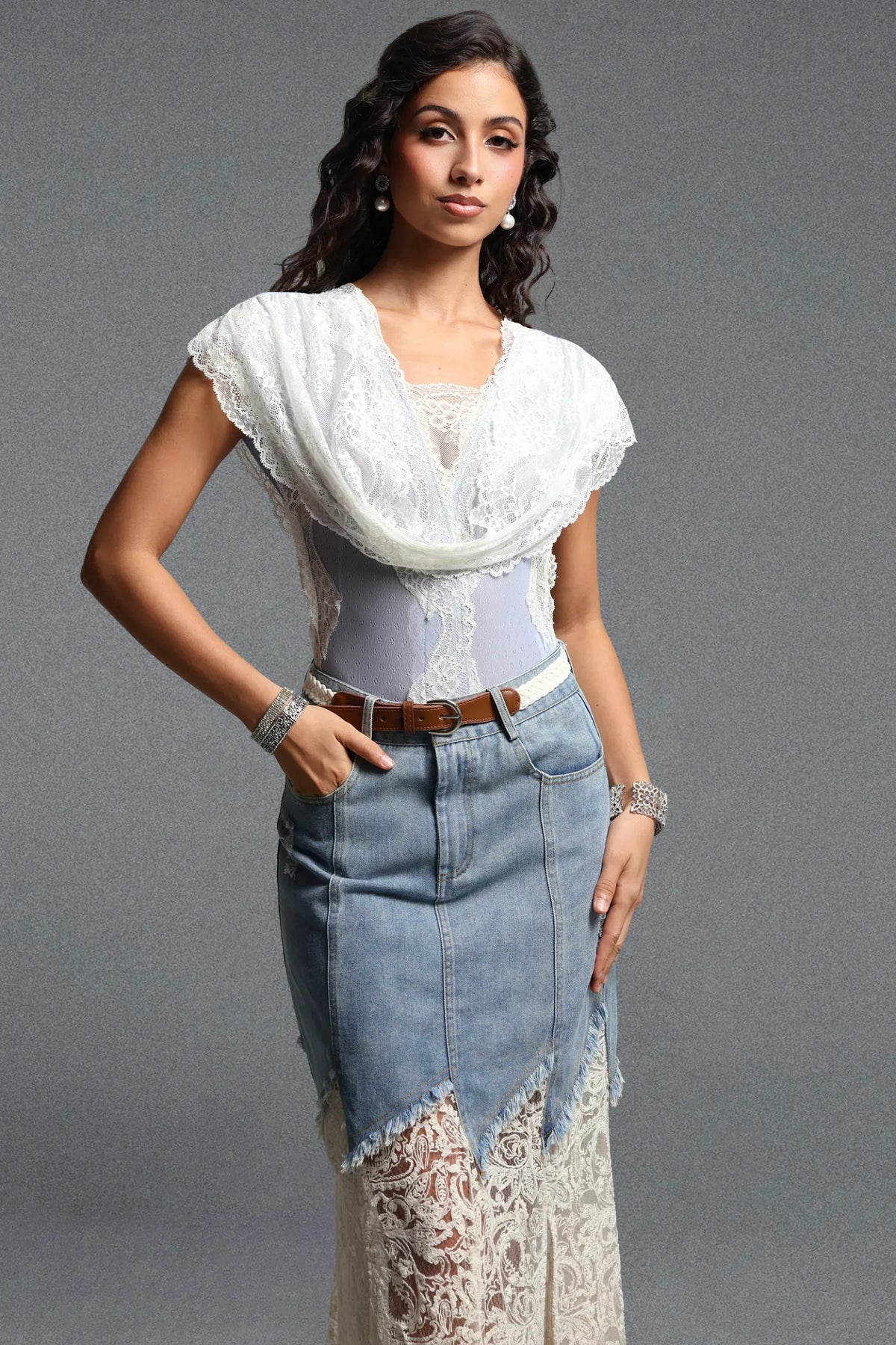 Draped Lace & Denim Mermaid Skirt Ensemble - Washed Blue & White