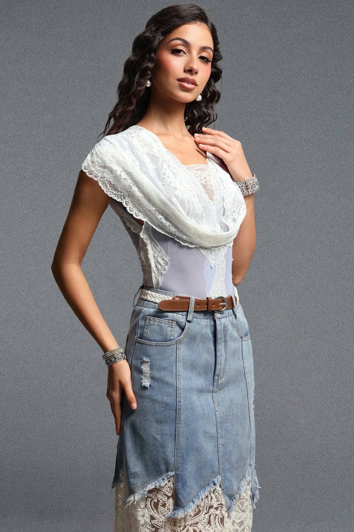 Draped Lace & Denim Mermaid Skirt Ensemble - Washed Blue & White
