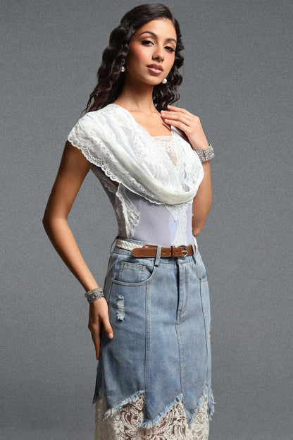 Draped Lace & Denim Mermaid Skirt Ensemble - Washed Blue & White