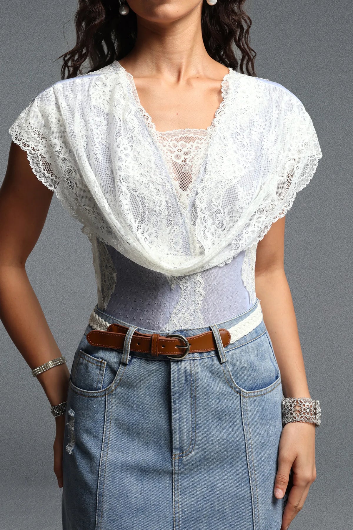 Draped Lace & Denim Mermaid Skirt Ensemble - Washed Blue & White