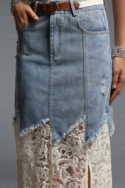 Draped Lace & Denim Mermaid Skirt Ensemble - Washed Blue & White