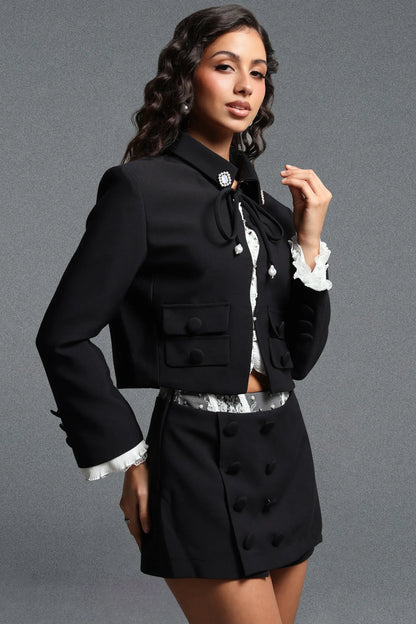 Black Tailored Cropped Blazer and Mini Skirt Set