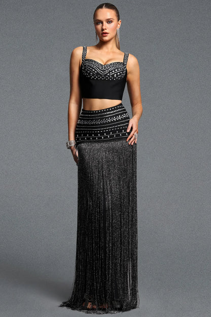 Glamorous Black Two-Piece Set with Sweeping Fringe