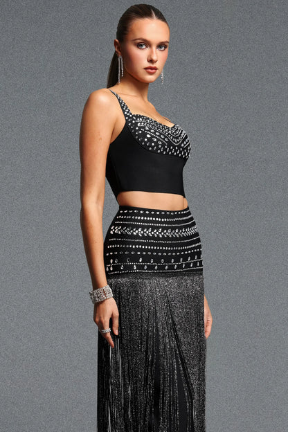 Glamorous Black Two-Piece Set with Sweeping Fringe
