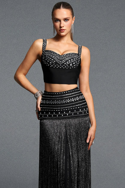 Glamorous Black Two-Piece Set with Sweeping Fringe
