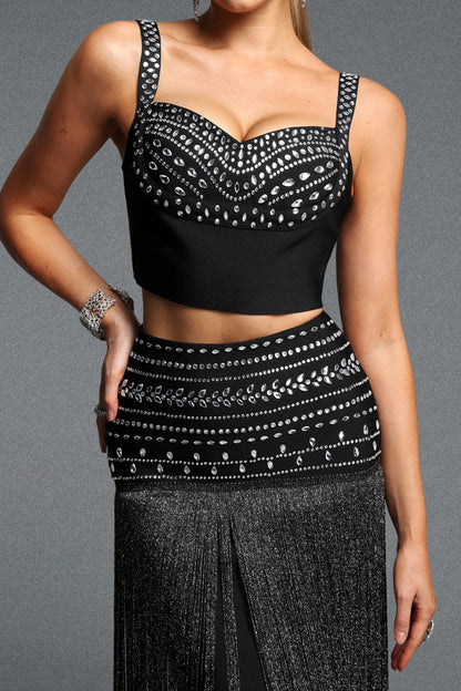 Glamorous Black Two-Piece Set with Sweeping Fringe