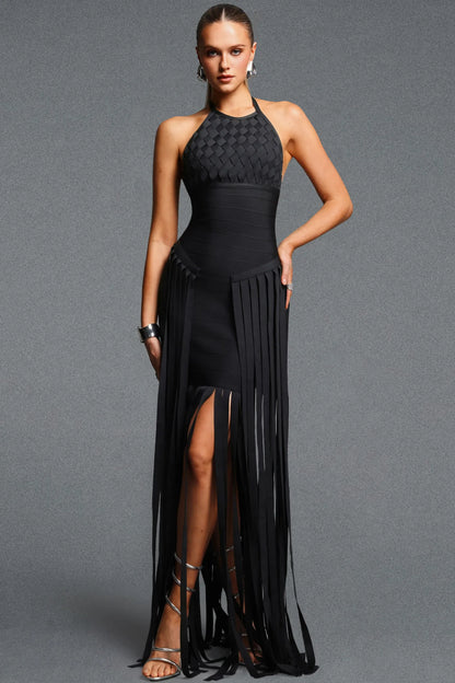 Black Woven Halter Dress with Dramatic Floor-Length Fringe