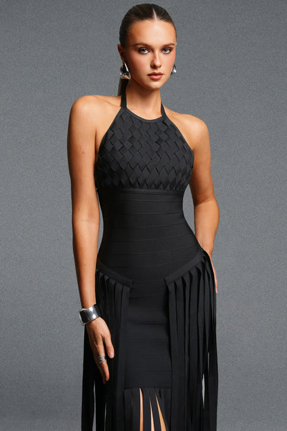 Black Woven Halter Dress with Dramatic Floor-Length Fringe