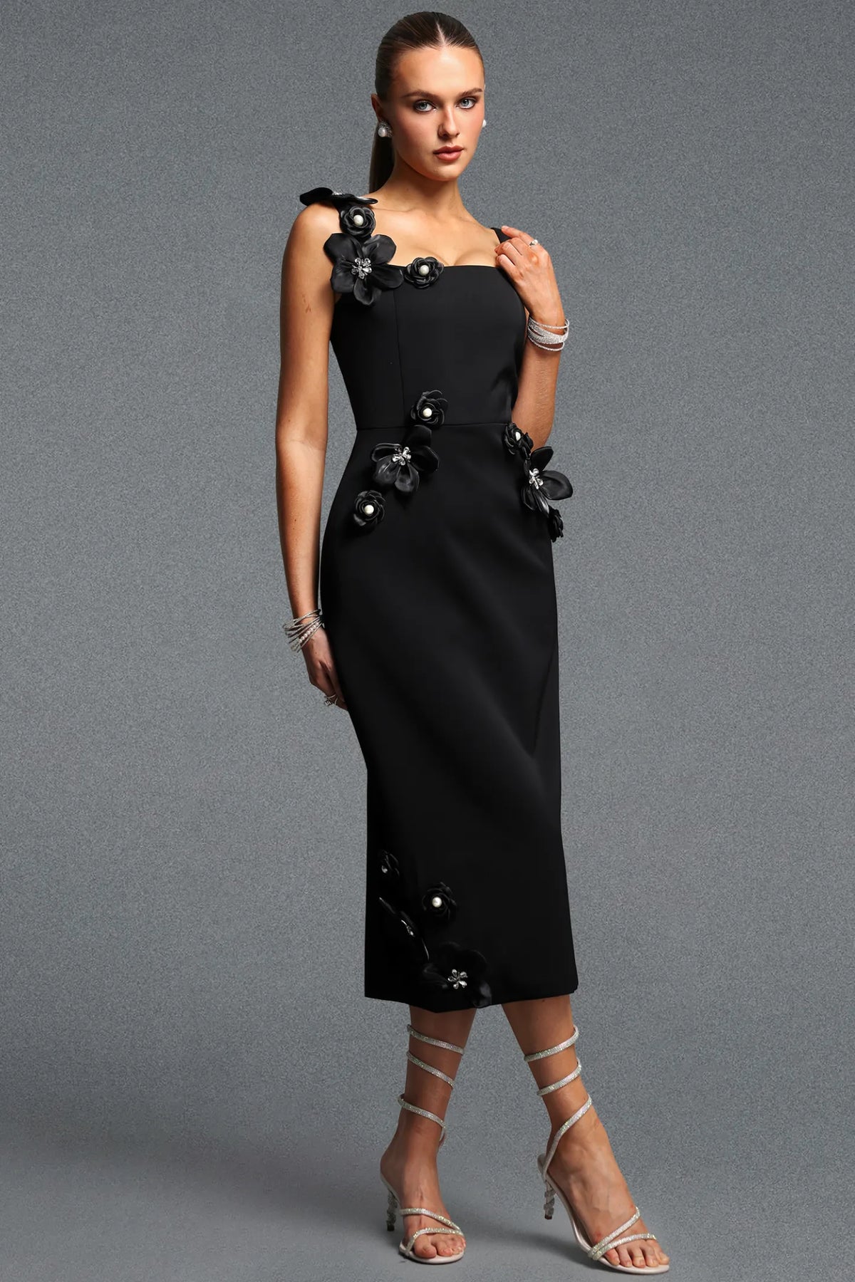 Elegant Pearl-Center Rosette Black Cocktail Dress