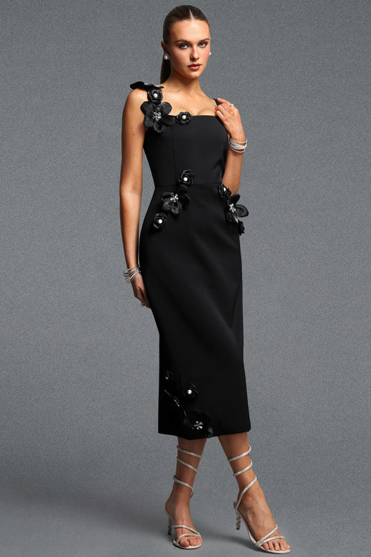 Elegant Pearl-Center Rosette Black Cocktail Dress
