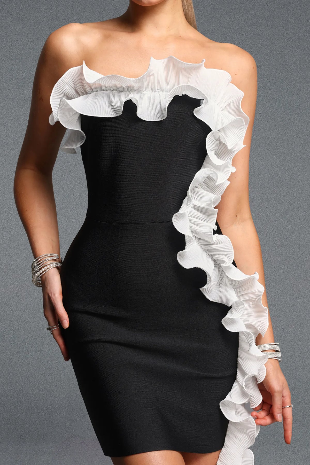 Avant-Garde Strapless Black Mini with White Pleated Ruffles