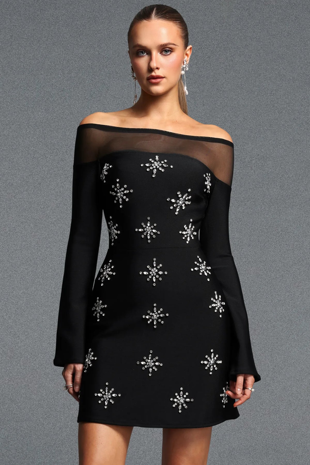 Black Illusion Off-the-Shoulder Starburst Mini Dress