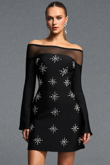 Black Illusion Off-the-Shoulder Starburst Mini Dress