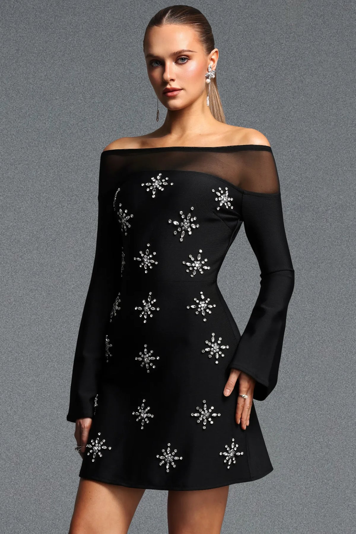 Black Illusion Off-the-Shoulder Starburst Mini Dress