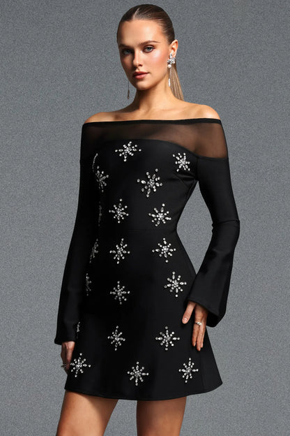 Black Illusion Off-the-Shoulder Starburst Mini Dress