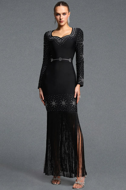 Crystal-Embellished Black Dress with Sweeping Fringe