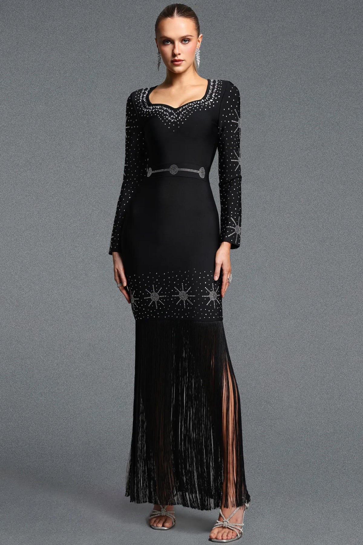 Glamorous Crystal-Trimmed Black Dress with Sweeping Fringe
