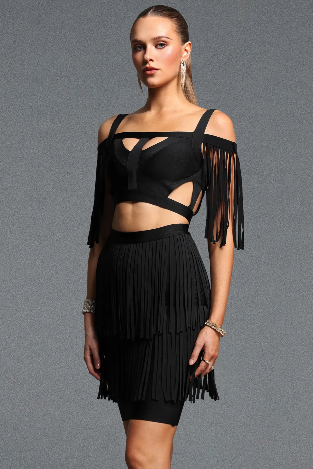 Black Tiered Fringe and Geometric Cutout Mini Set