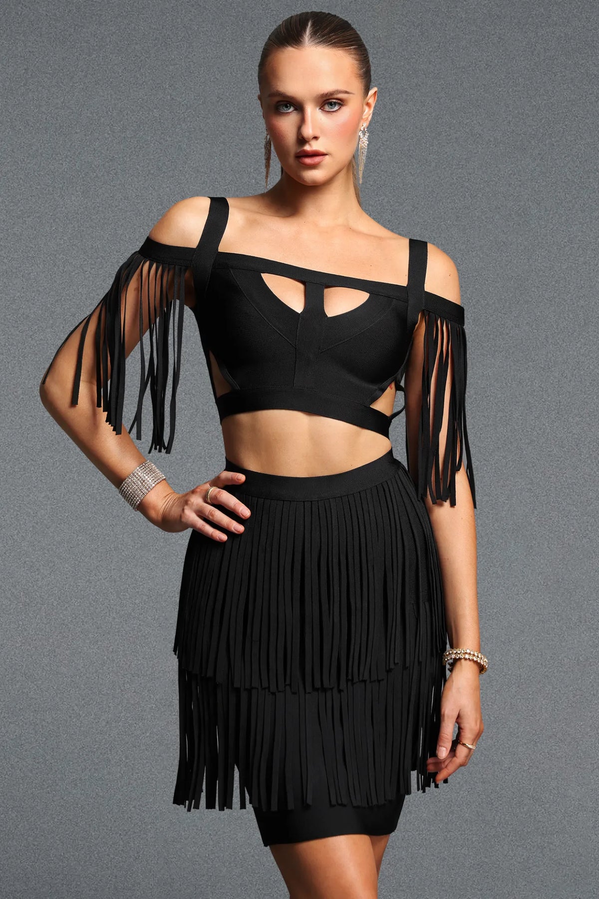 Black Tiered Fringe and Geometric Cutout Mini Set