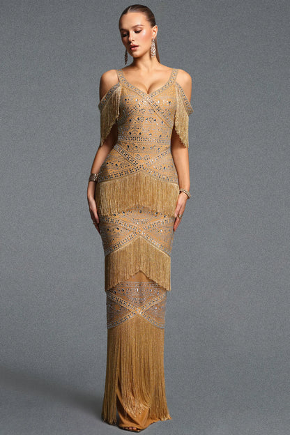 Gold Art Deco Crystal Embellished Fringe Gown