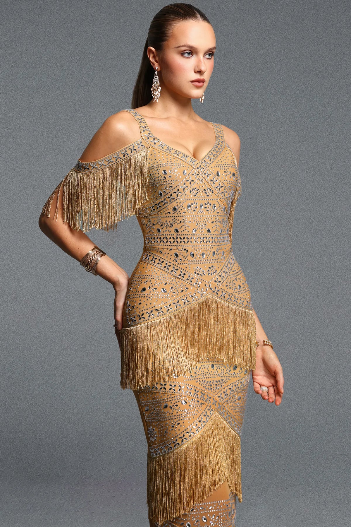 Gold Art Deco Crystal Embellished Fringe Gown