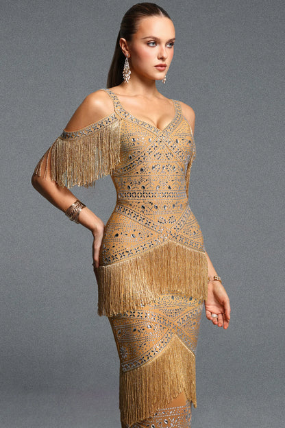 Gold Art Deco Crystal Embellished Fringe Gown