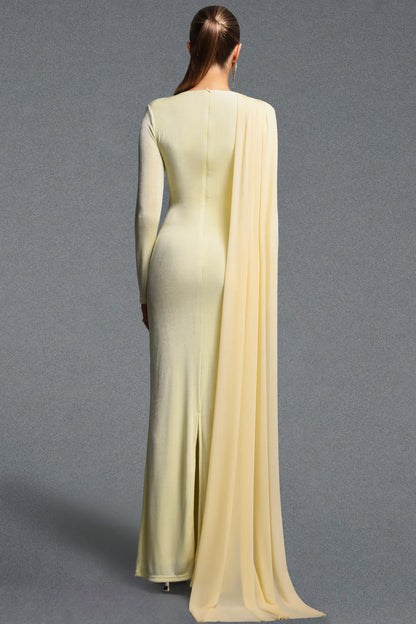 Pale Yellow Asymmetrical Draped Cape Gown