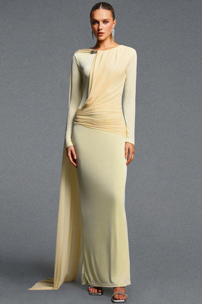 Pale Yellow Asymmetrical Draped Cape Gown