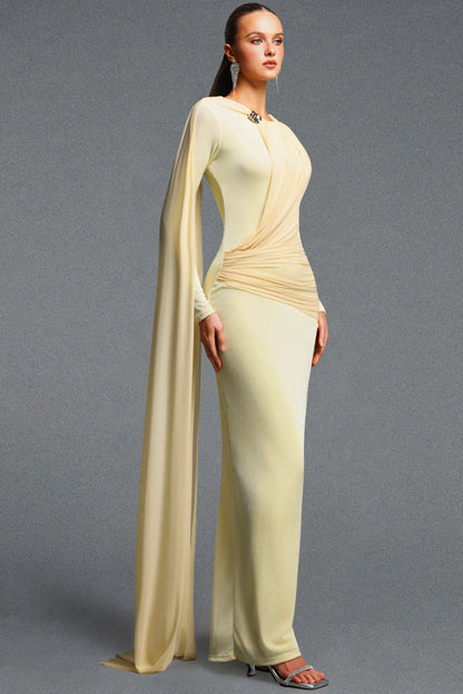 Pale Yellow Asymmetrical Draped Cape Gown