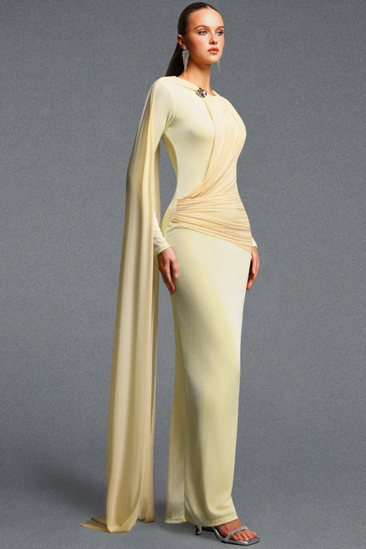 Pale Yellow Asymmetrical Draped Cape Gown