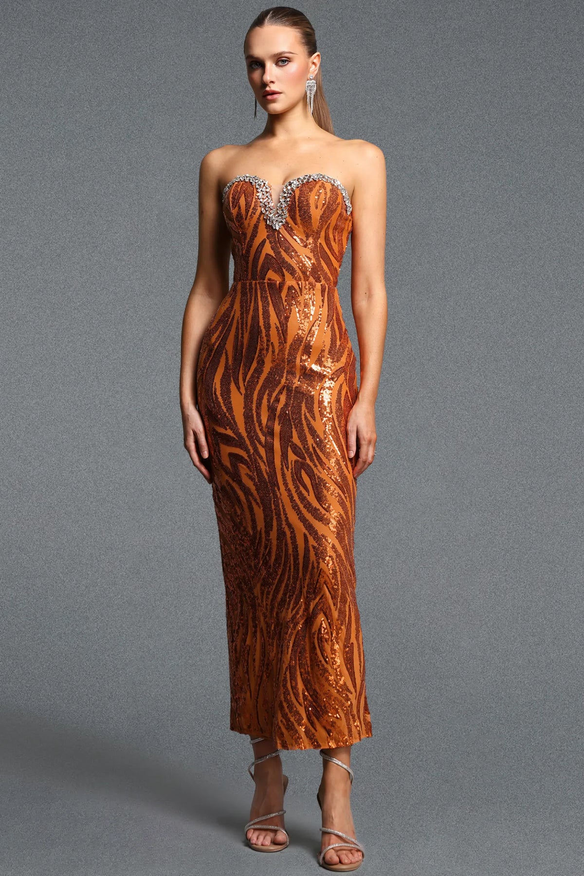 Rust Orange Animal Pattern Crystal-Trimmed Gown