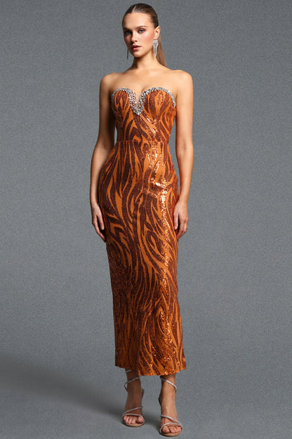 Rust Orange Animal Pattern Crystal-Trimmed Gown