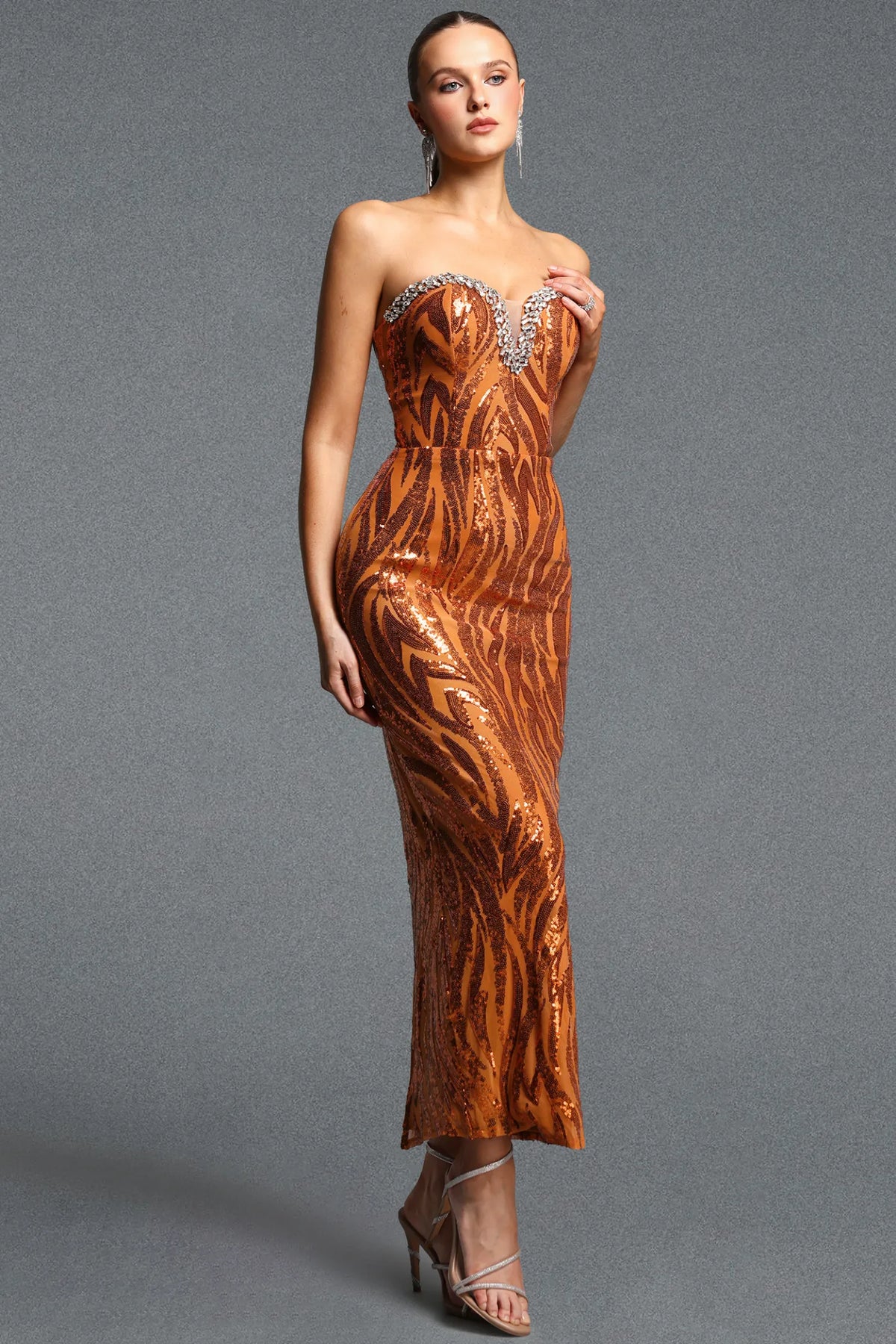Rust Orange Animal Pattern Crystal-Trimmed Gown