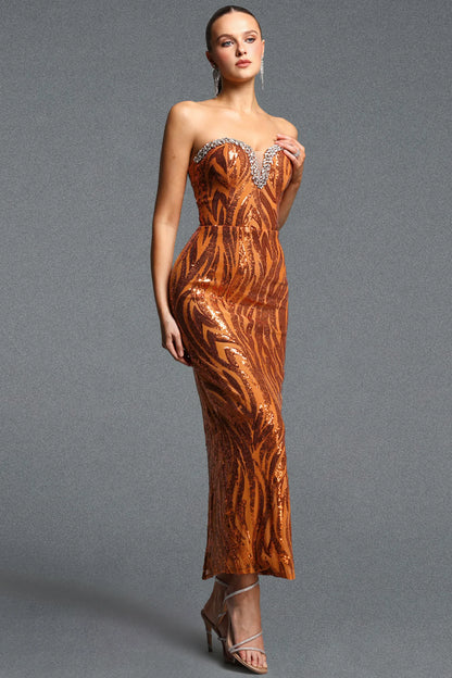 Rust Orange Animal Pattern Crystal-Trimmed Gown