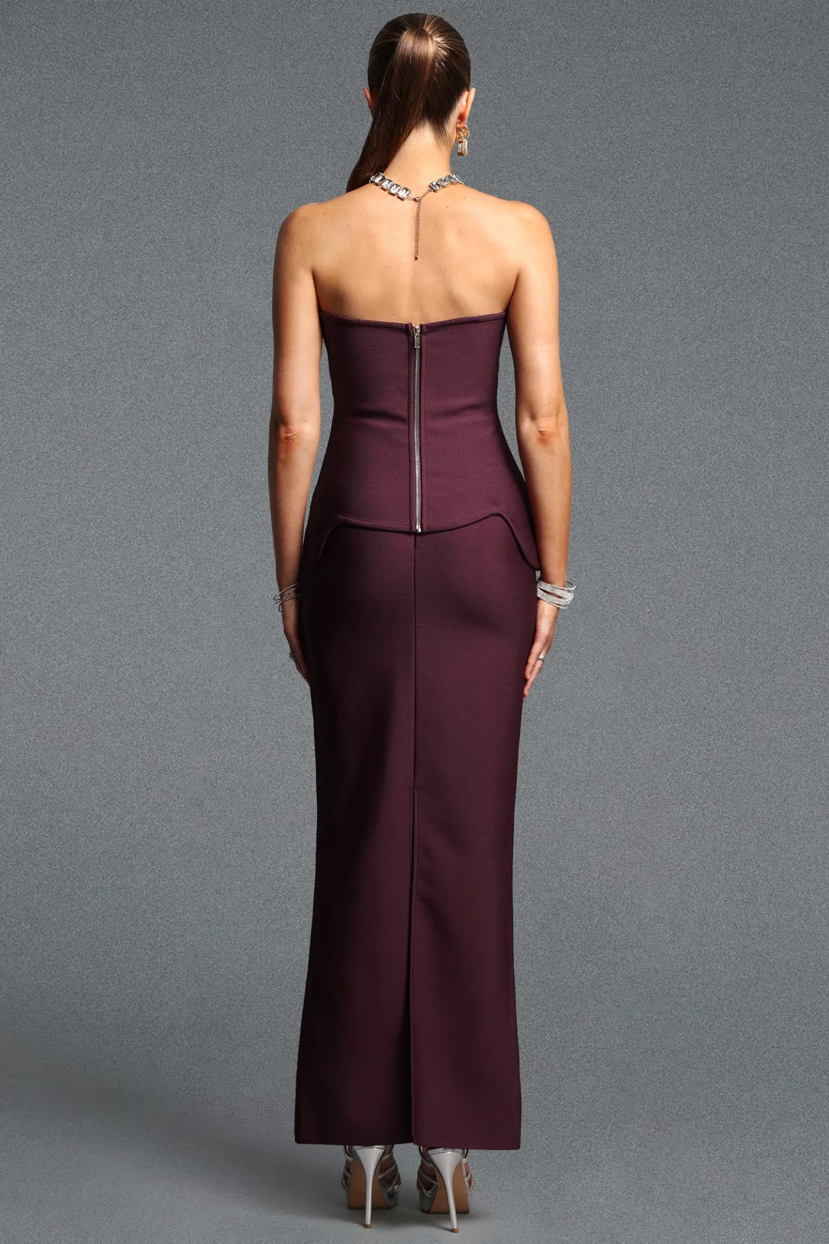 Deep Plum Strapless Jeweled Corset Gown